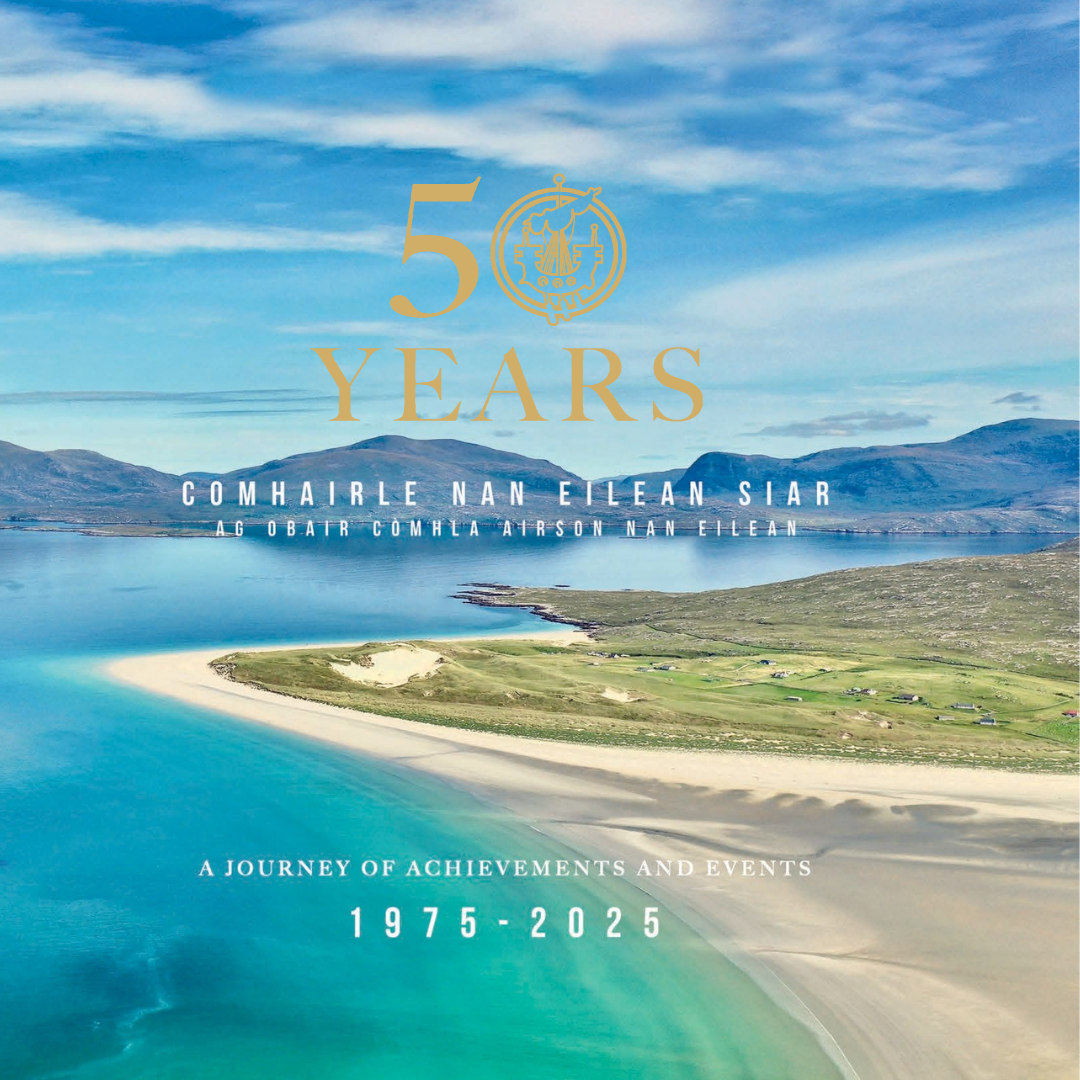 Image of the front cover of the book commemorating the 50th anniversary of Comhairle nan Eilean Siar