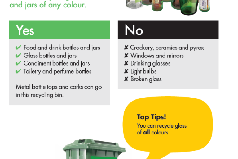 Overview of what can and cannot be placed in green glass bin
