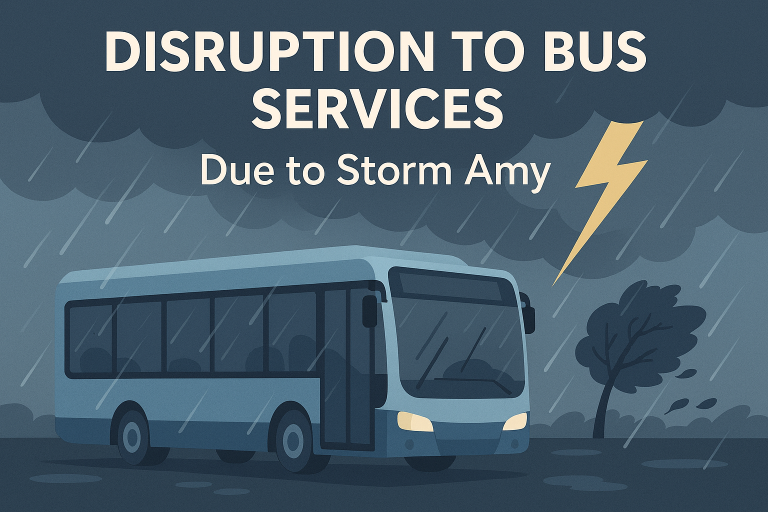 photo of a bus with lightening due to storm Amy